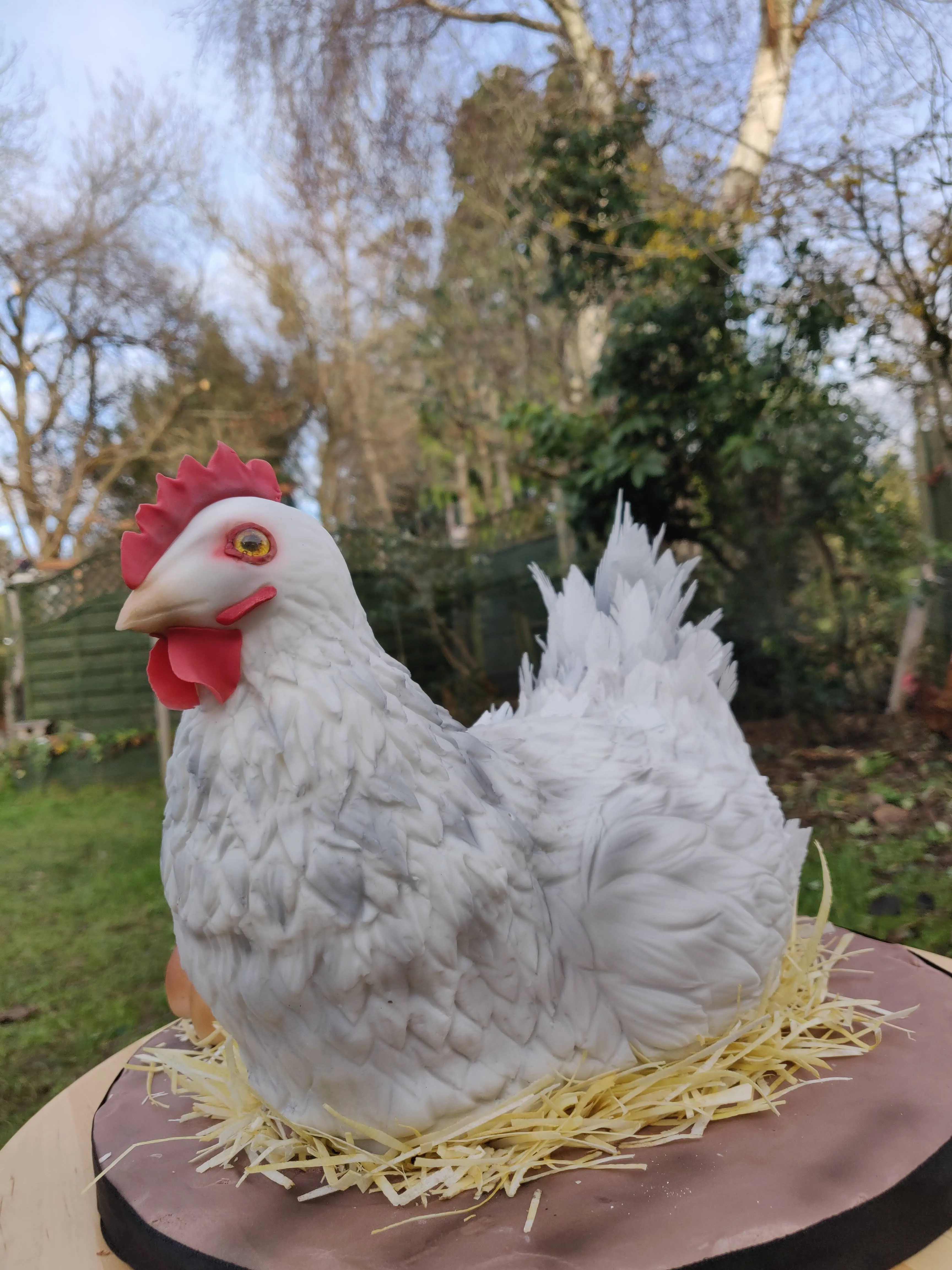 Sculpted chicken cake with detailed feather textures and realistic colouring