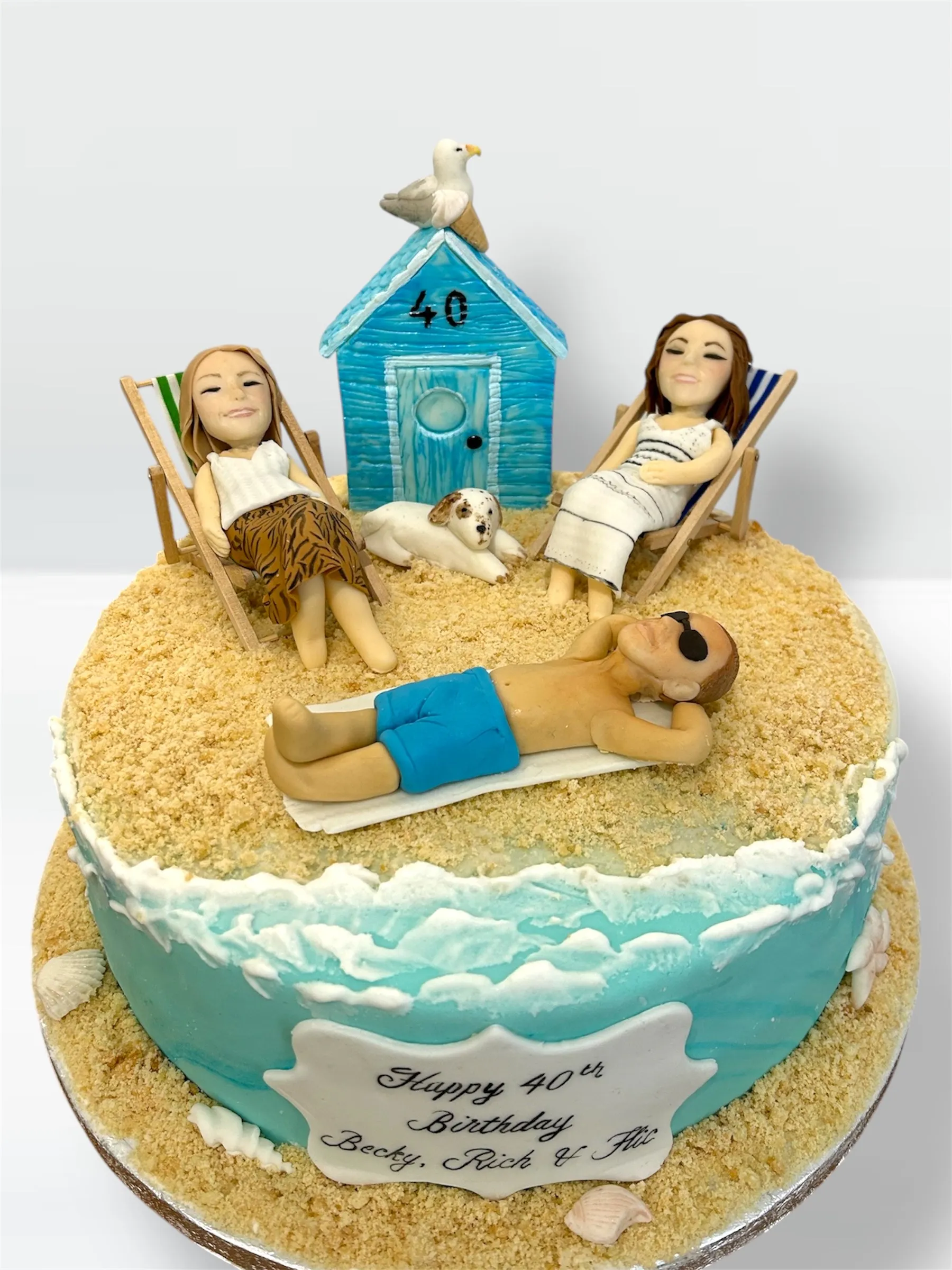 Beach-themed 40th birthday cake with sand-textured frosting, seashells, and tropical details