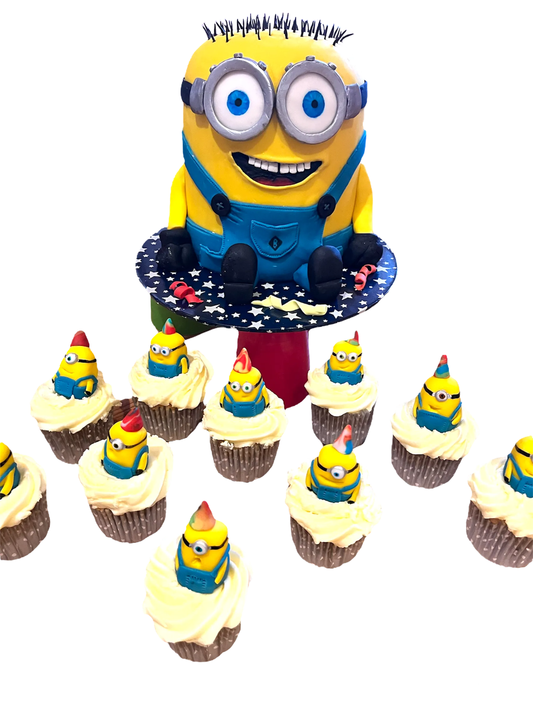 Sculpted Minion cake with matching decorated cupcakes
