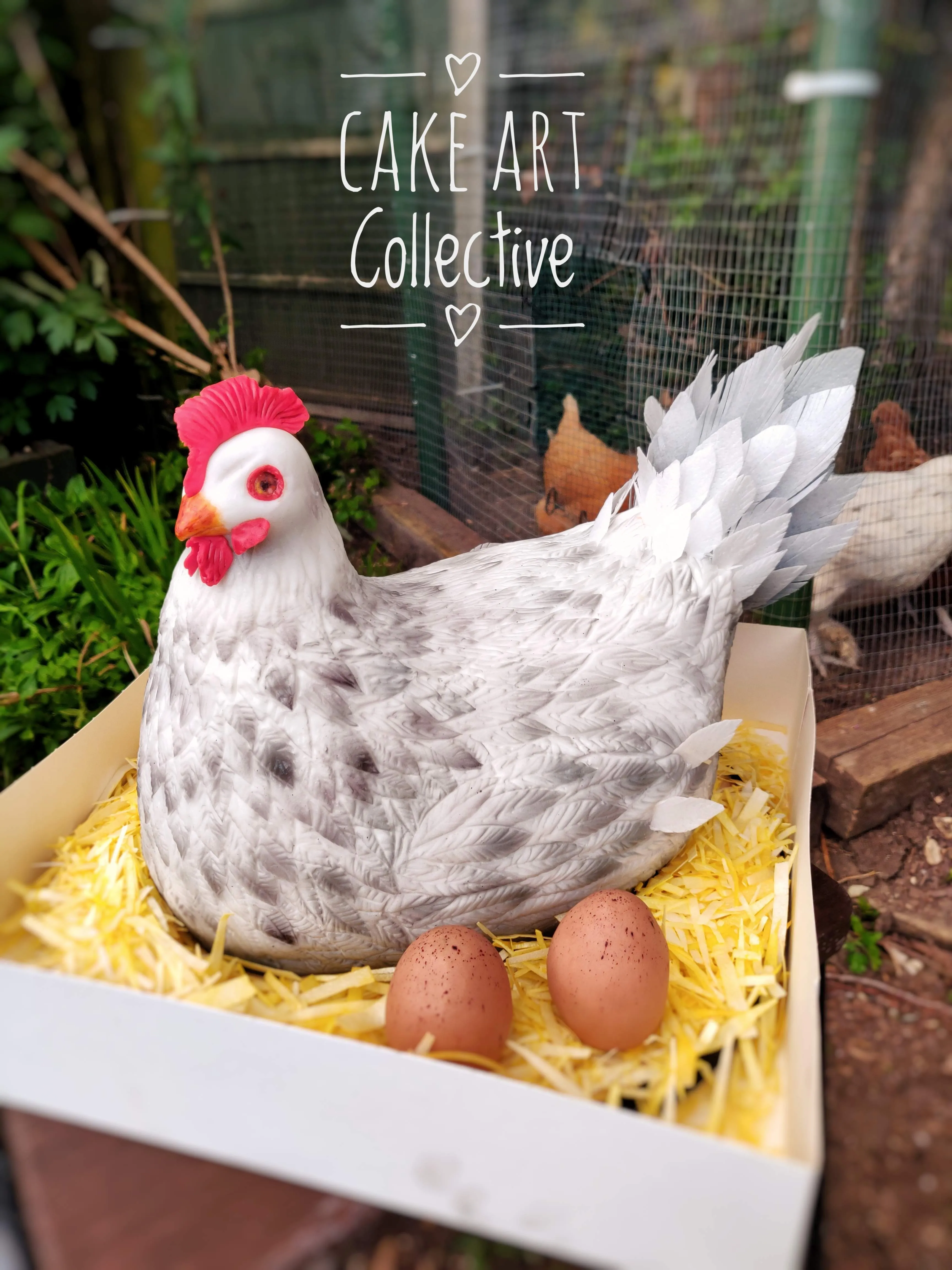 Sculpted white hen cake side profile showing detailed feather textures