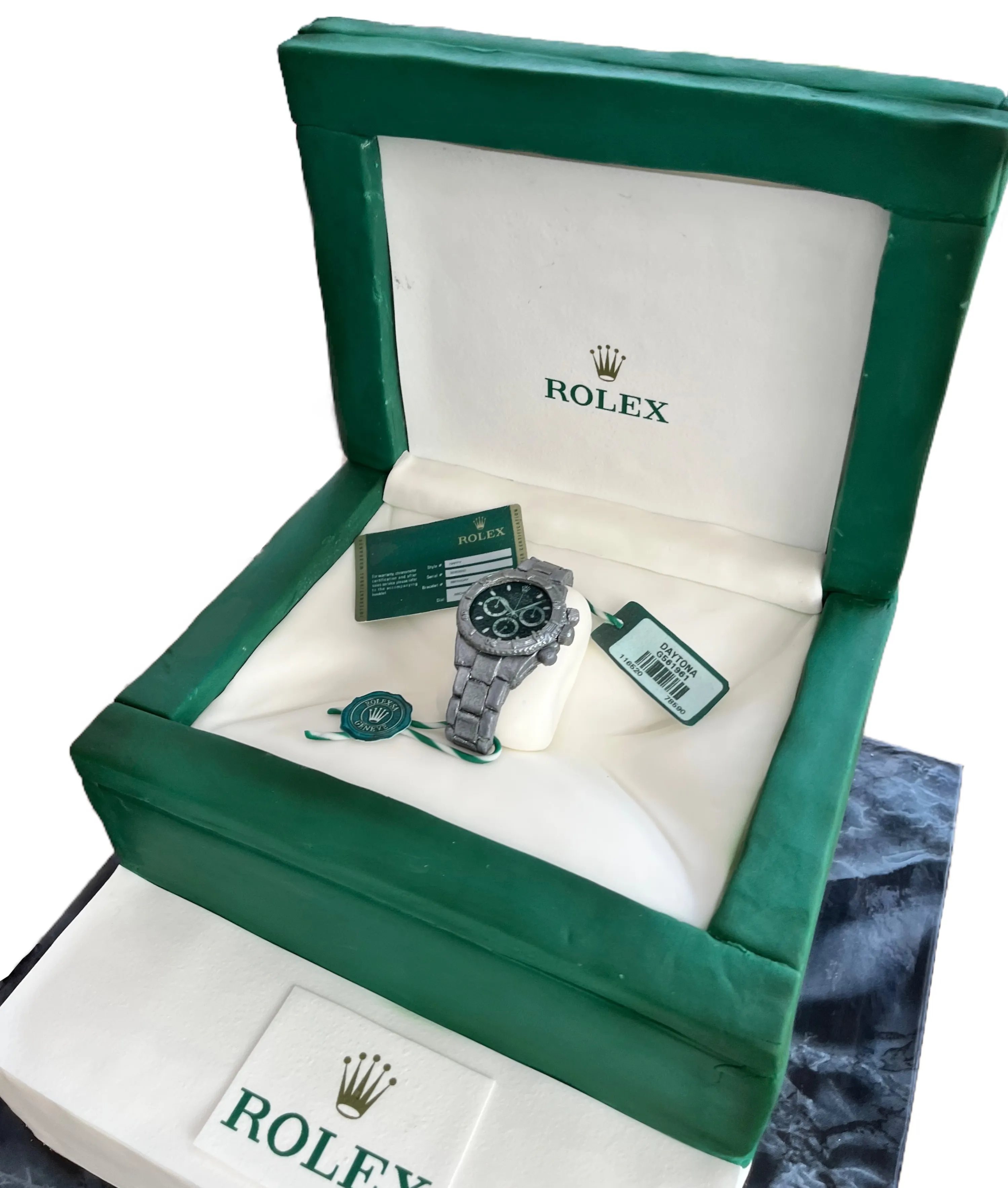 Sculpted Rolex watch box cake with green case and silver watch