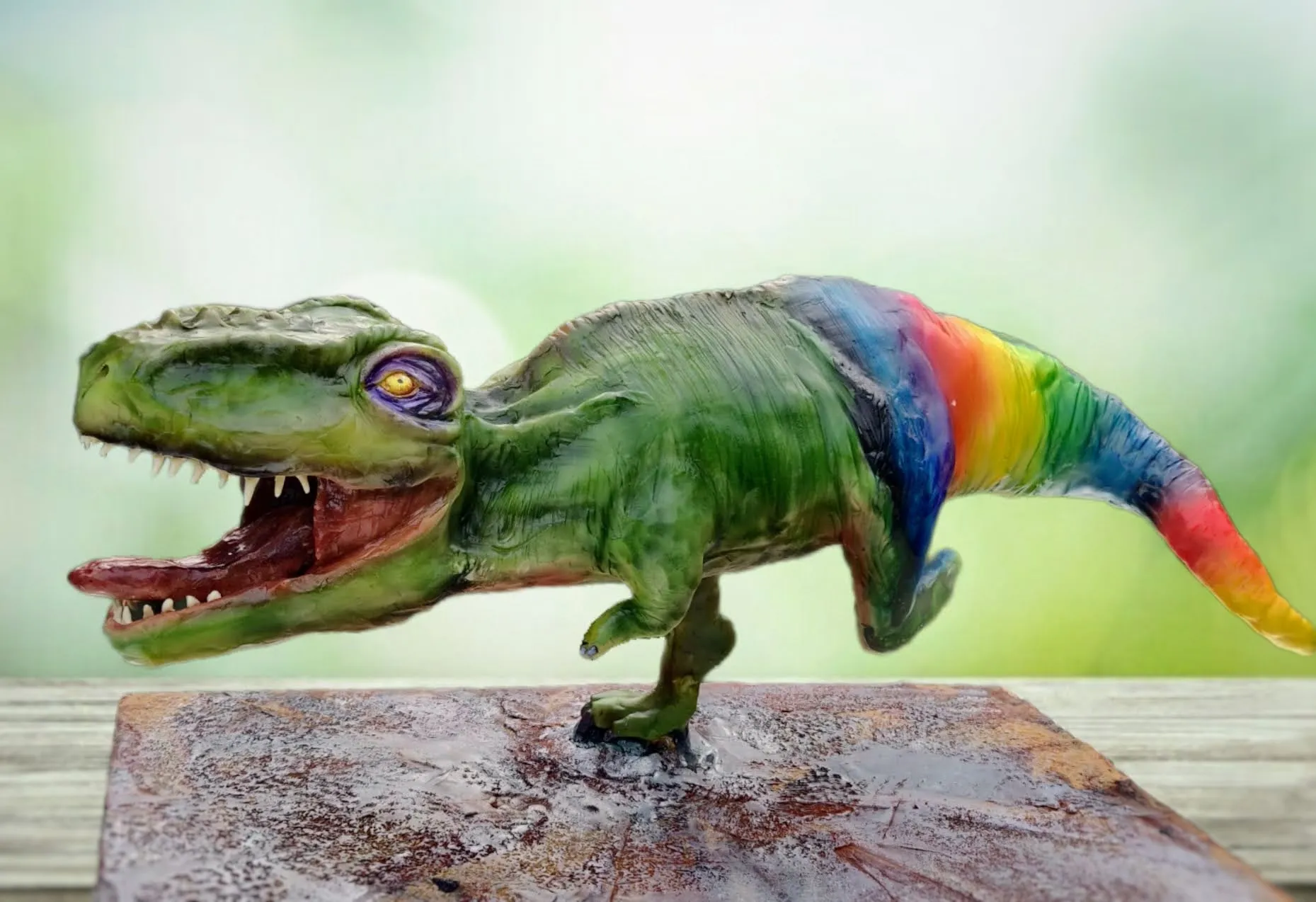 Full-body sculpted T-Rex dinosaur in green with a rainbow-striped tail on a stone-textured base